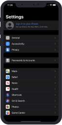 Phone screen of settings